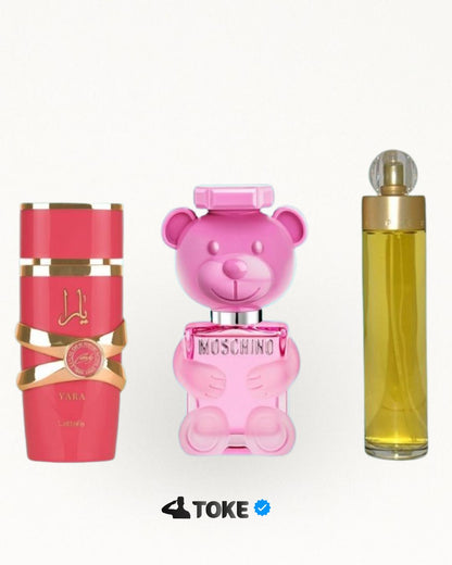 Yara Candy (Lattafa) + Toy Rosado (Moschino) + 360 Dama (Perry Ellis)